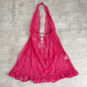 Vintage Shirley of Hollywood hot pink lace dress halter style size XL